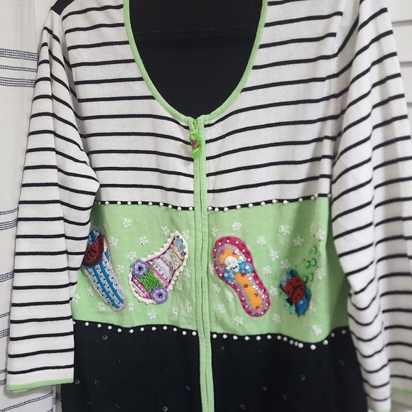 Jack B Quick Striped Cardigan w/ Embroidered Flip Flops Sequined, Beaded VINTAGE - Picture 3 of 6